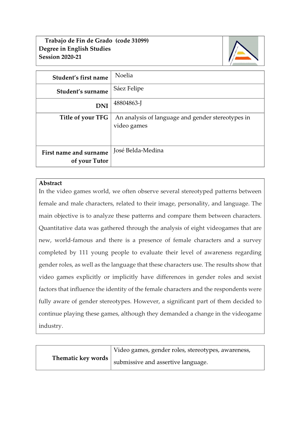 Trabajo De Fin De Grado (Code 31099) Degree in English Studies Session 2020-21