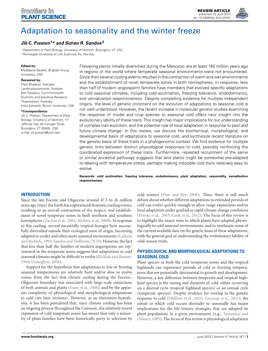 Adaptation to Seasonality and the Winter Freeze