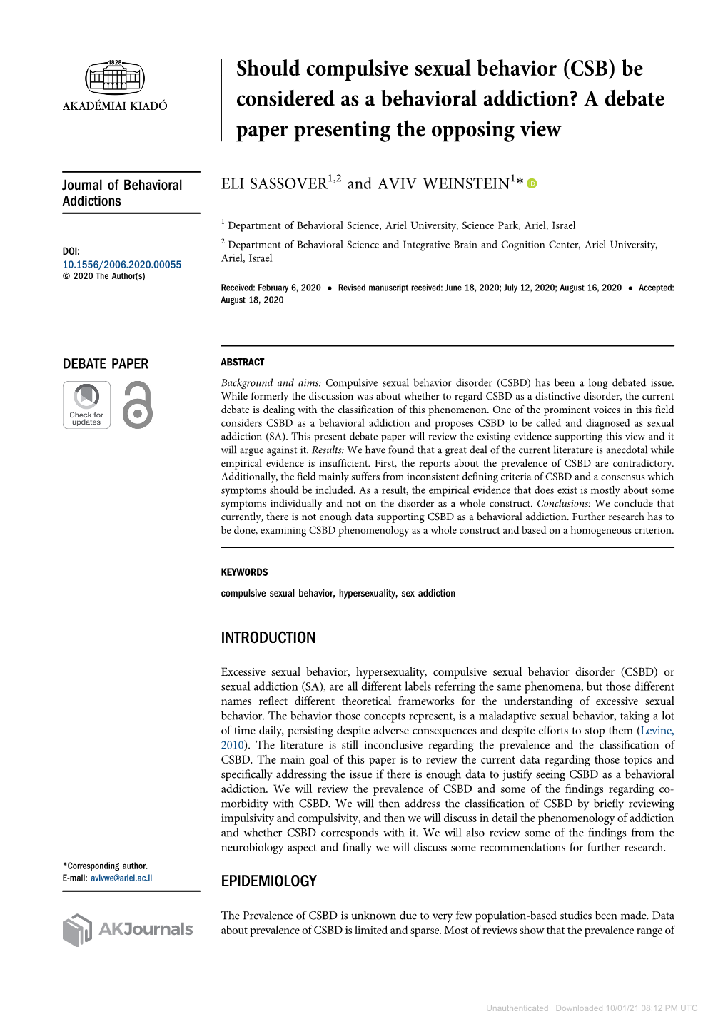 Should Compulsive Sexual Behavior (CSB) Be Considered As a Behavioral Addiction? a Debate Paper Presenting the Opposing View