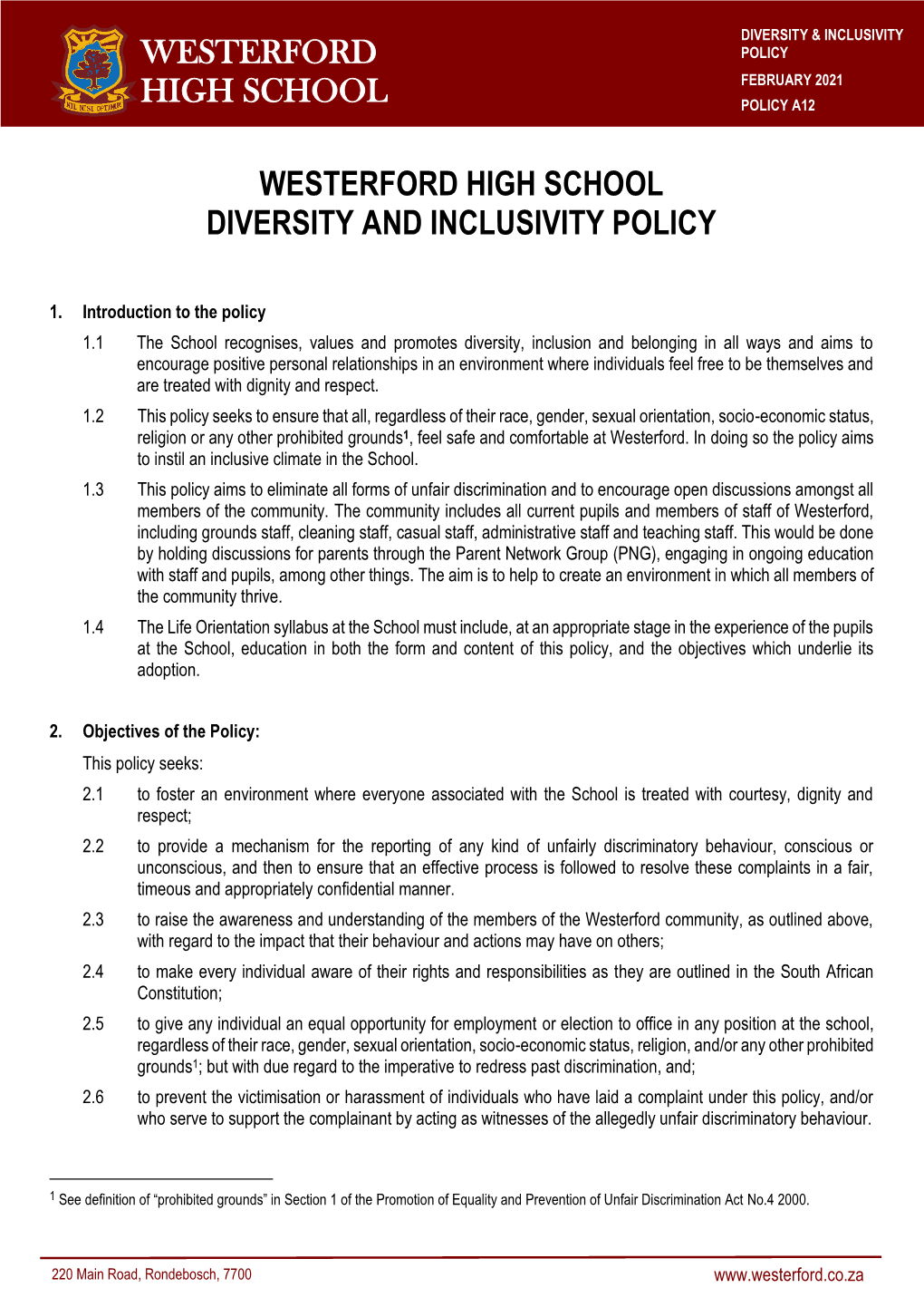 Westerford High School Diversity and Inclusivity Policy