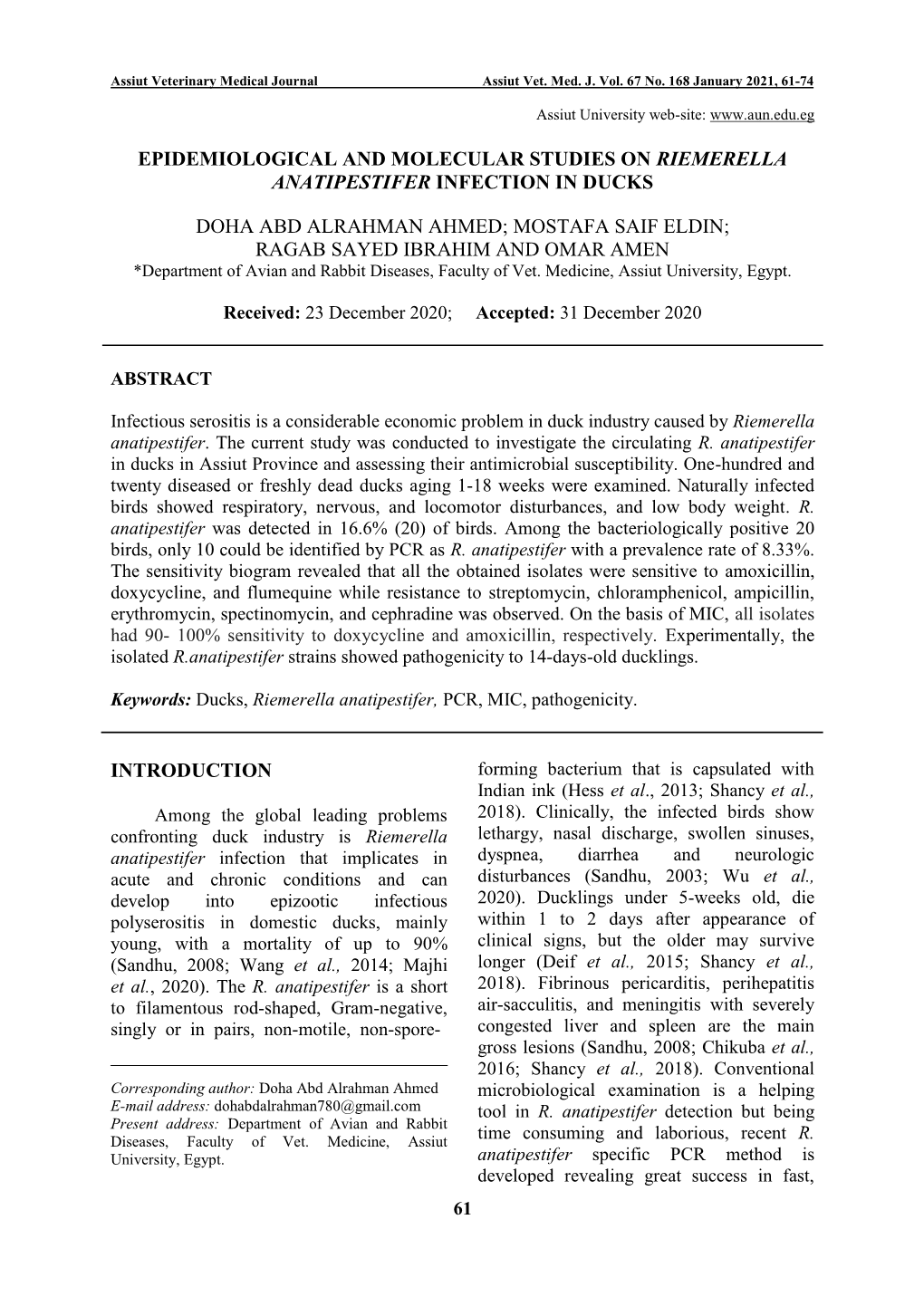 Epidemiological and Molecular Studies on Riemerella Anatipestifer Infection in Ducks