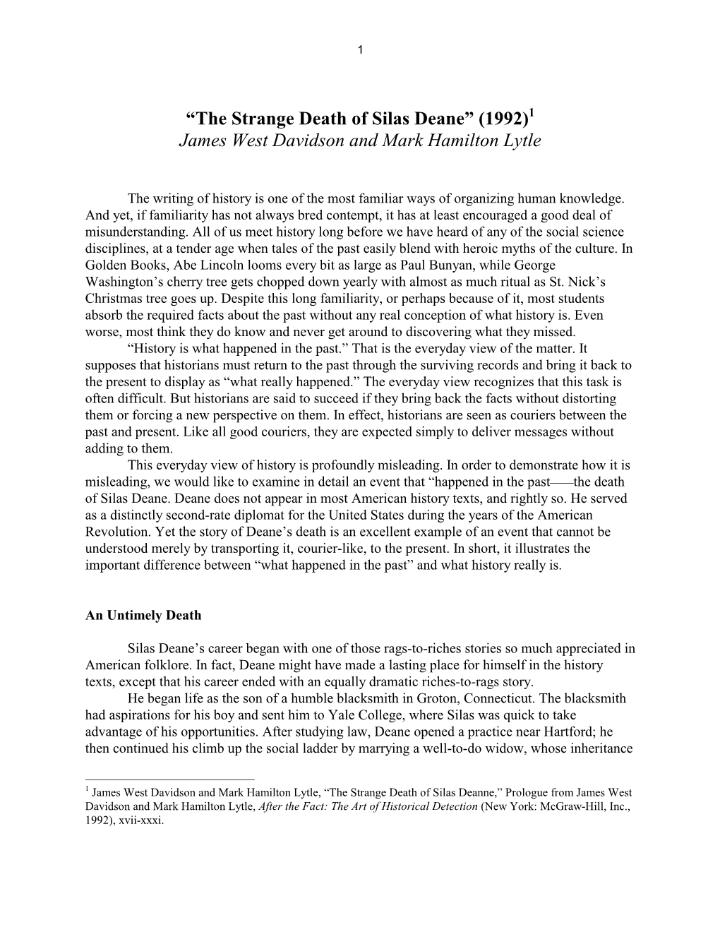 “The Strange Death of Silas Deane” (1992) James West Davidson And