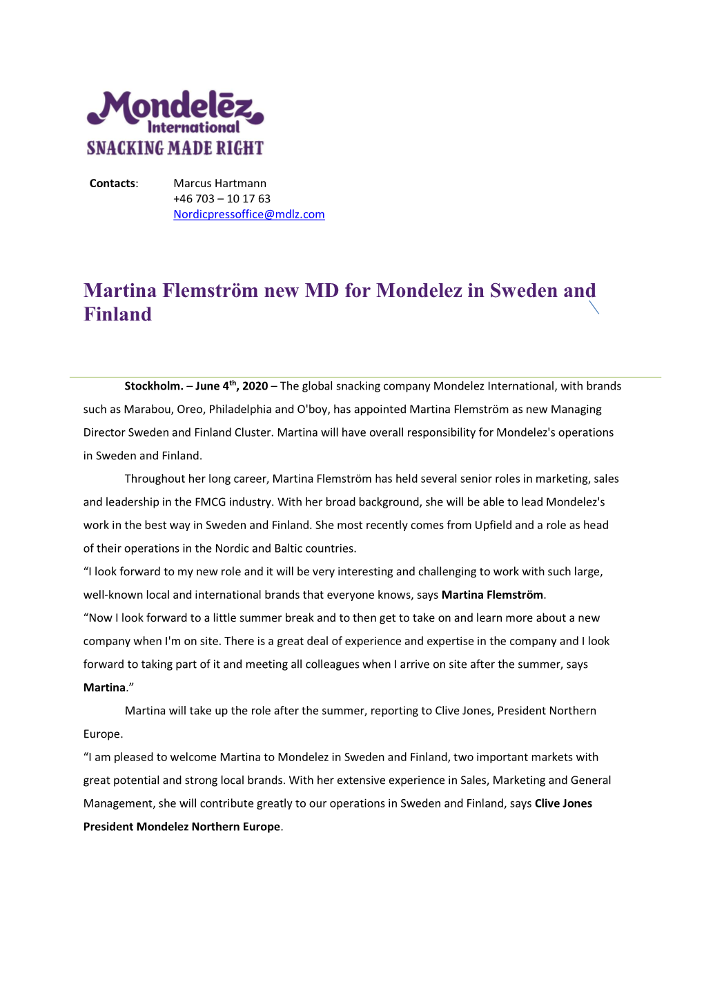 Martina Flemström New MD for Mondelez in Sweden and Finland