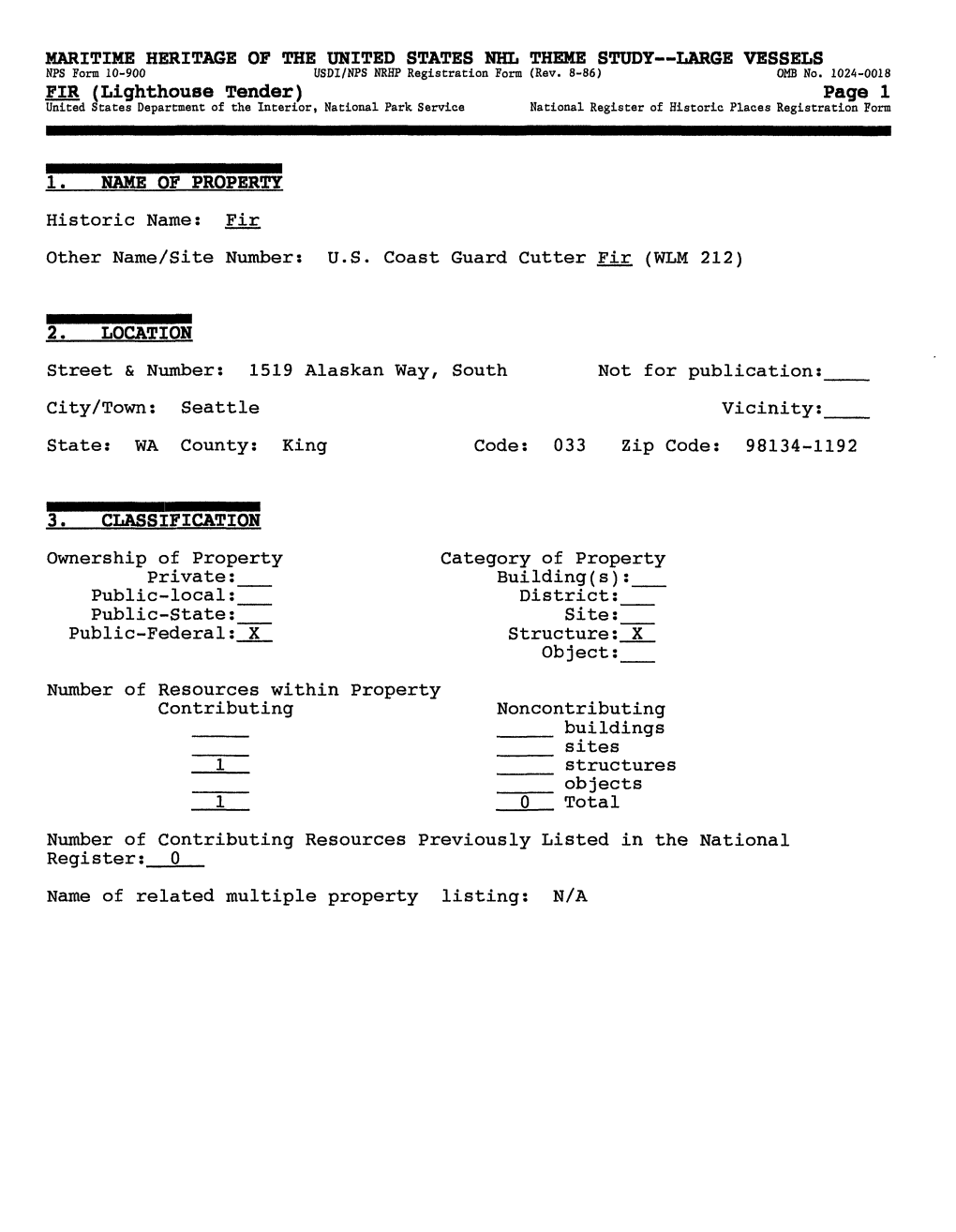 Lighthouse Tender) Page 1 United States Department of the Interior, National Park Service National Register of Historic Places Registration Form