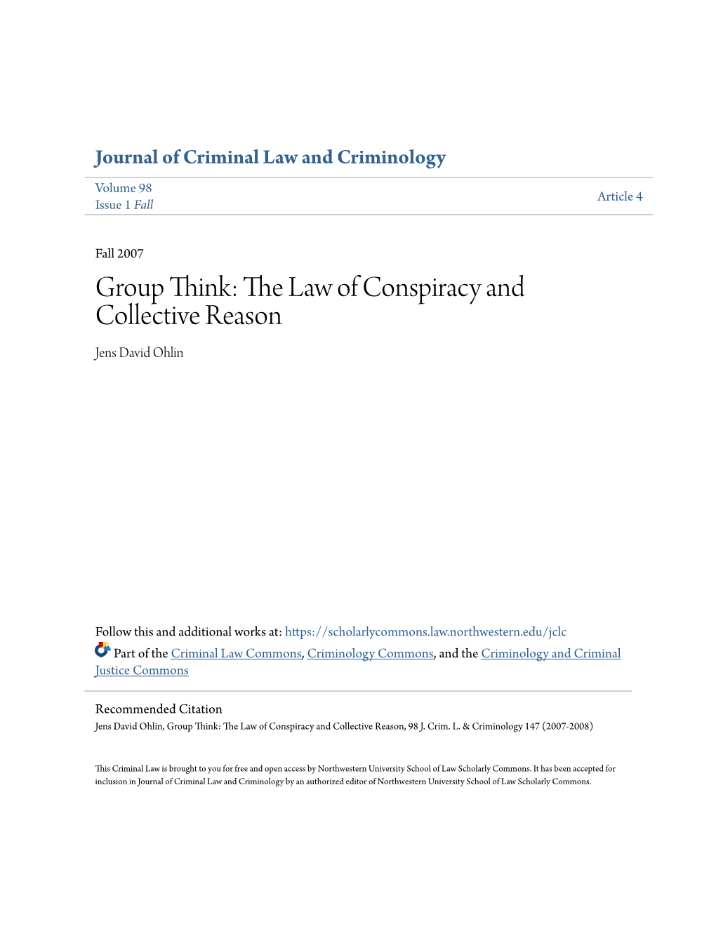 The Law of Conspiracy and Collective Reason Jens David Ohlin