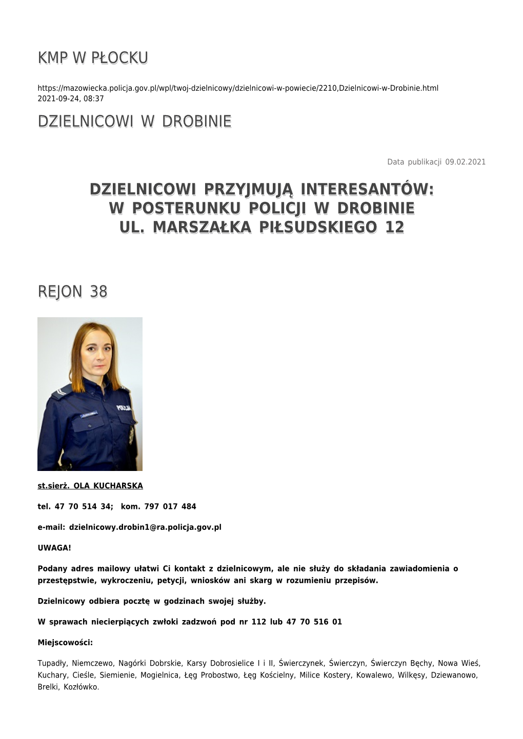 Kmp W Płocku 2021-09-24, 08:37 Dzielnicowi W Drobinie