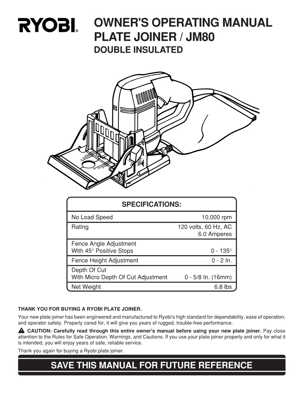 Owner's Operating Manual Plate Joiner / Jm80 Double Insulated