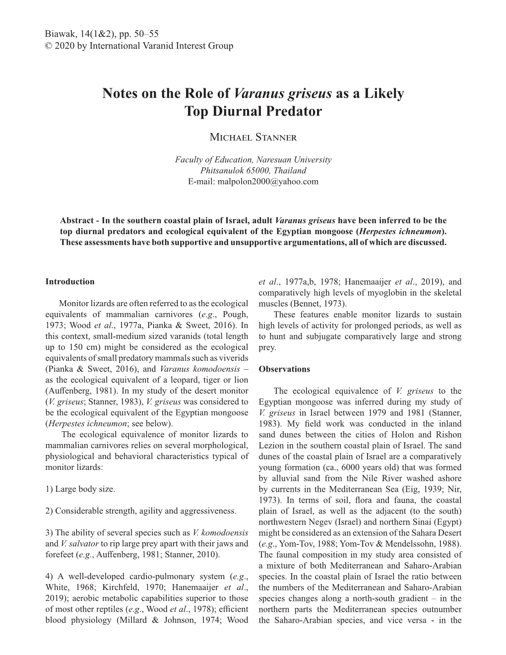 Notes on the Role of Varanus Griseus As a Likely Top Diurnal Predator