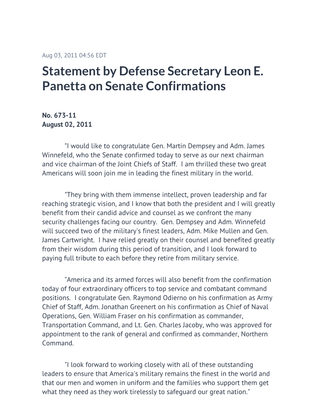 Statement by Defense Secretary Leon E. Panetta on Senate Confirmations