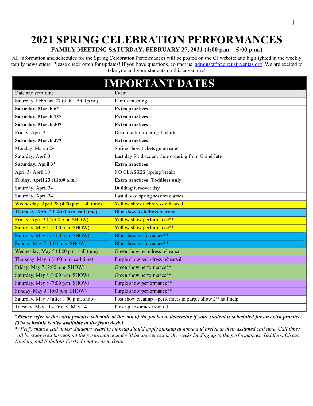 2021 Spring Celebration Performances Important Dates