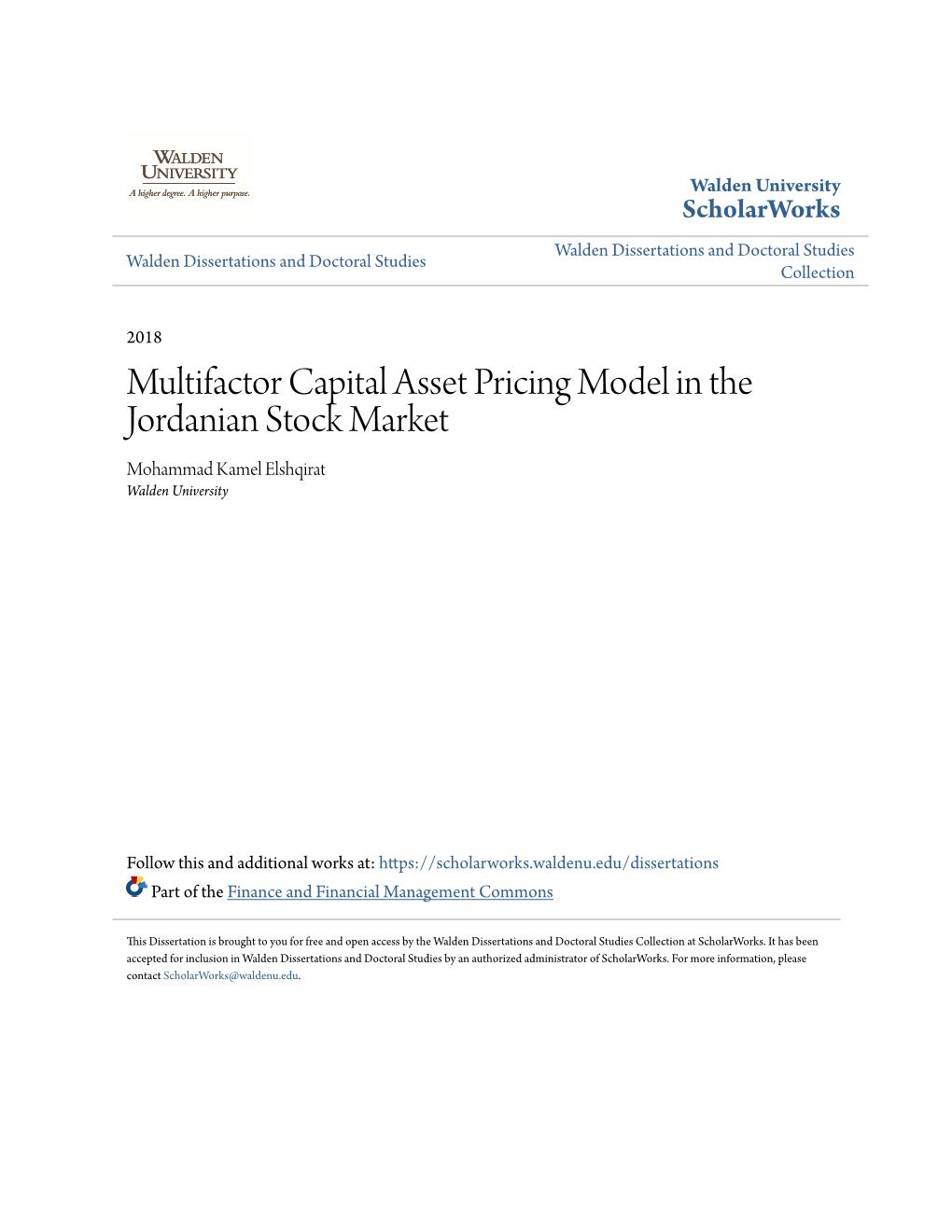 Multifactor Capital Asset Pricing Model in the Jordanian Stock Market Mohammad Kamel Elshqirat Walden University