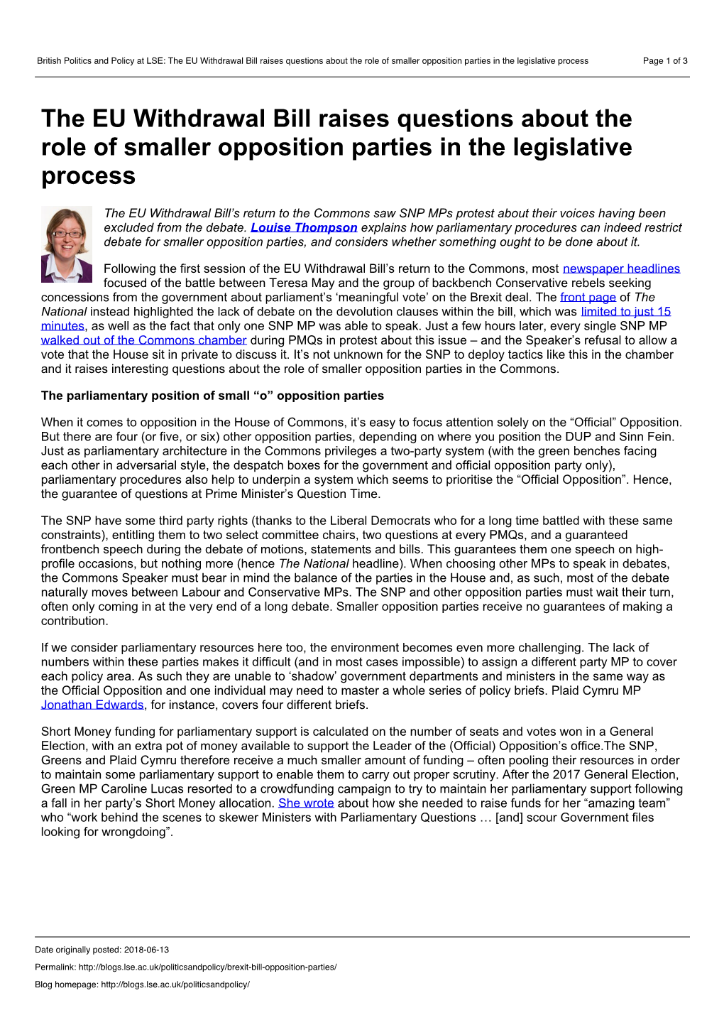 British Politics and Policy at LSE: the EU Withdrawal Bill Raises Questions About the Role of Smaller Opposition Parties in the Legislative Process Page 1 of 3