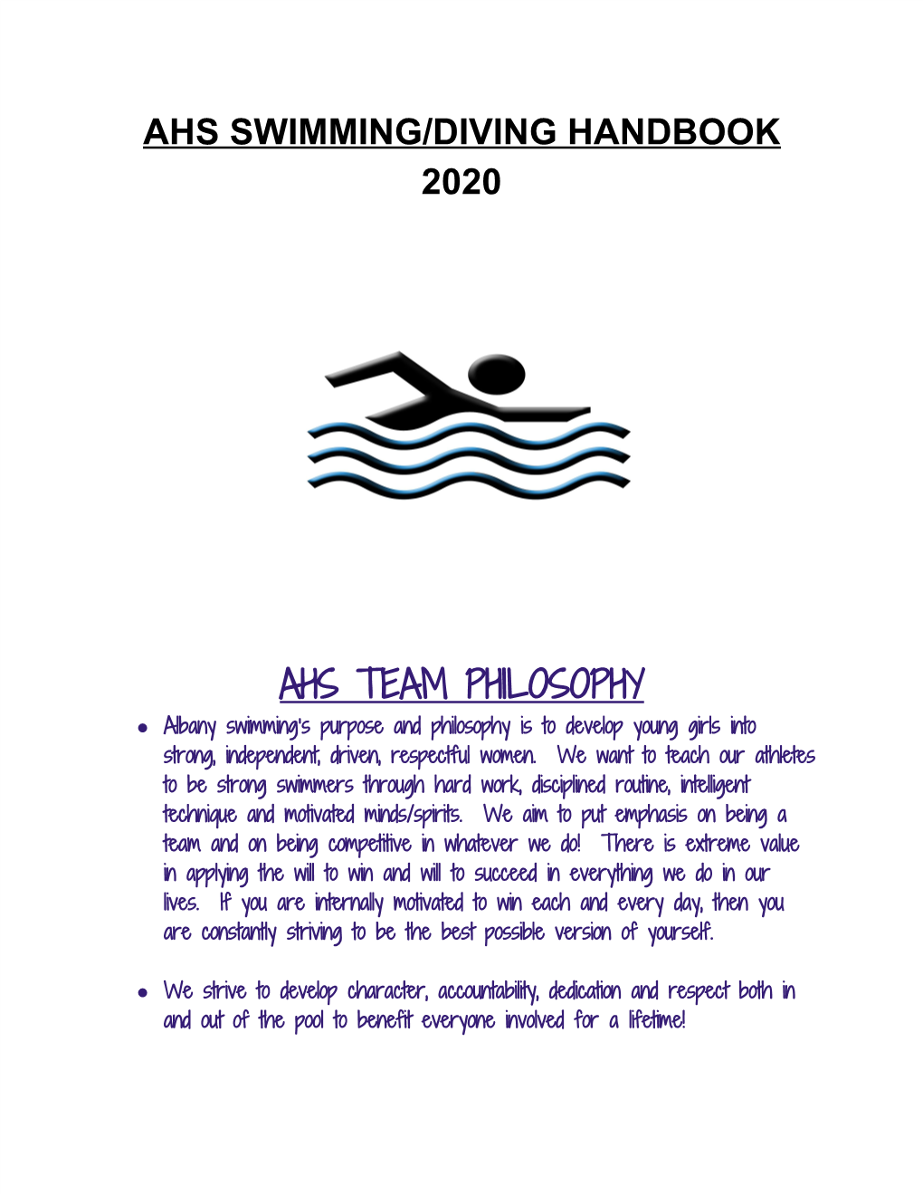 Ahs Swimming/Diving Handbook 2020 Ahs Team Philosophy