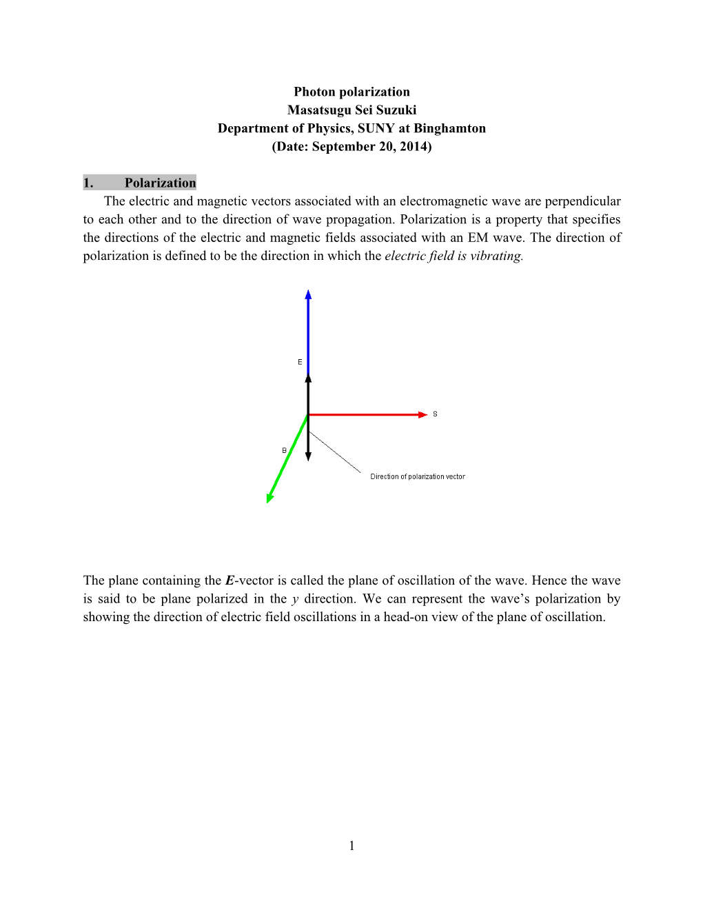 1. Polarization the Electric and Magnetic Vectors Associated with an Electromagnetic Wave Are Perpendicular to Each Other and to the Direction of Wave Propagation