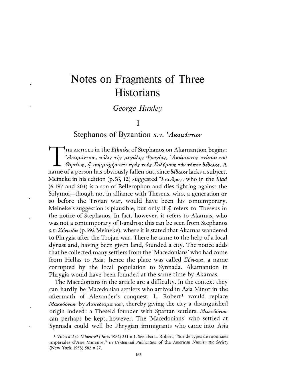 Notes on Fragments of Three Historians George Huxley