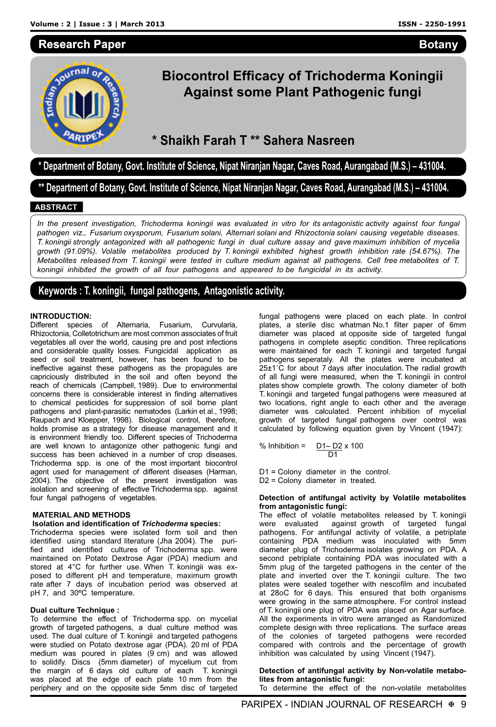 Biocontrol Efficacy of Trichoderma Koningii Against Some Plant Pathogenic Fungi