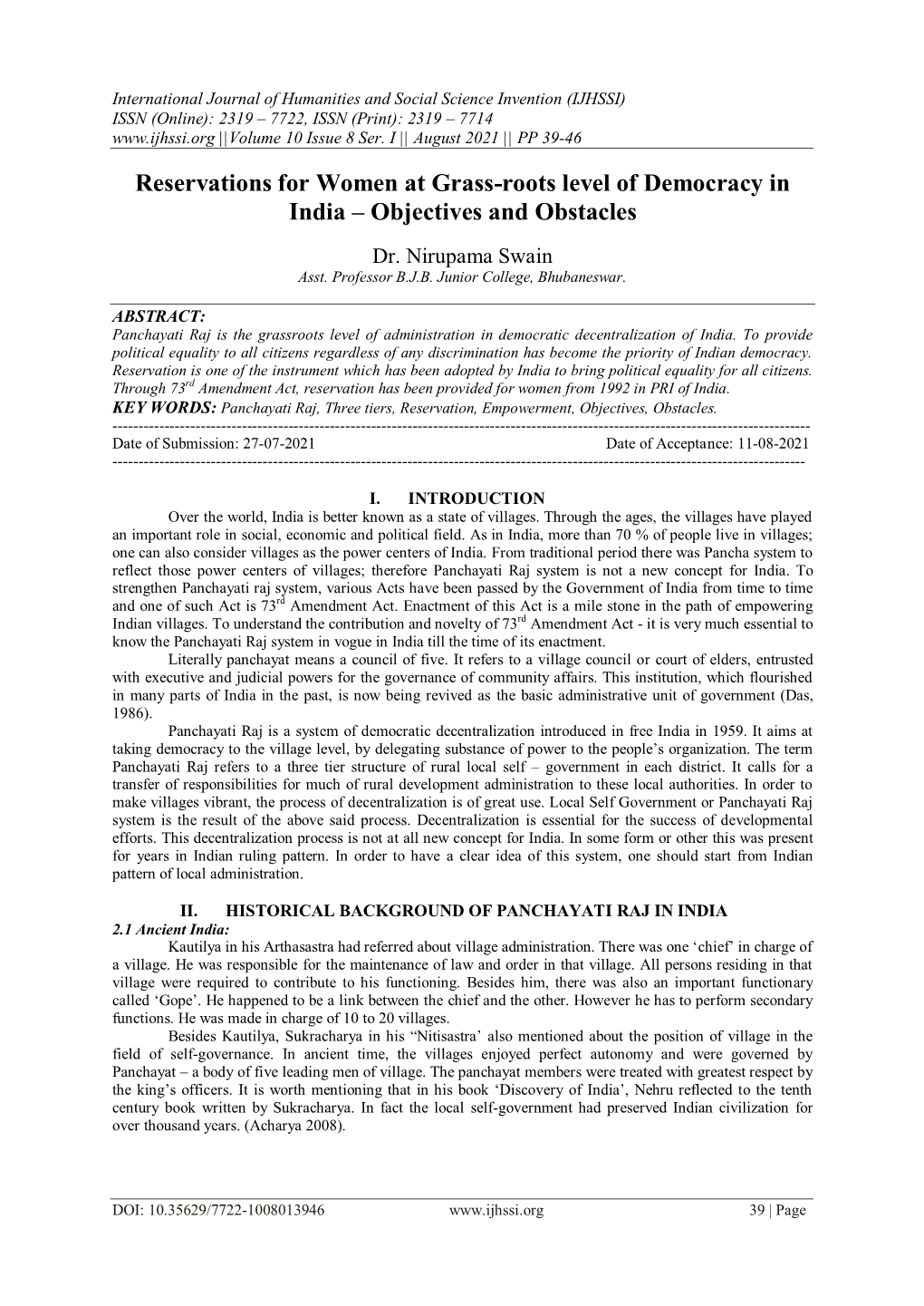 Reservations for Women at Grass-Roots Level of Democracy in India – Objectives and Obstacles