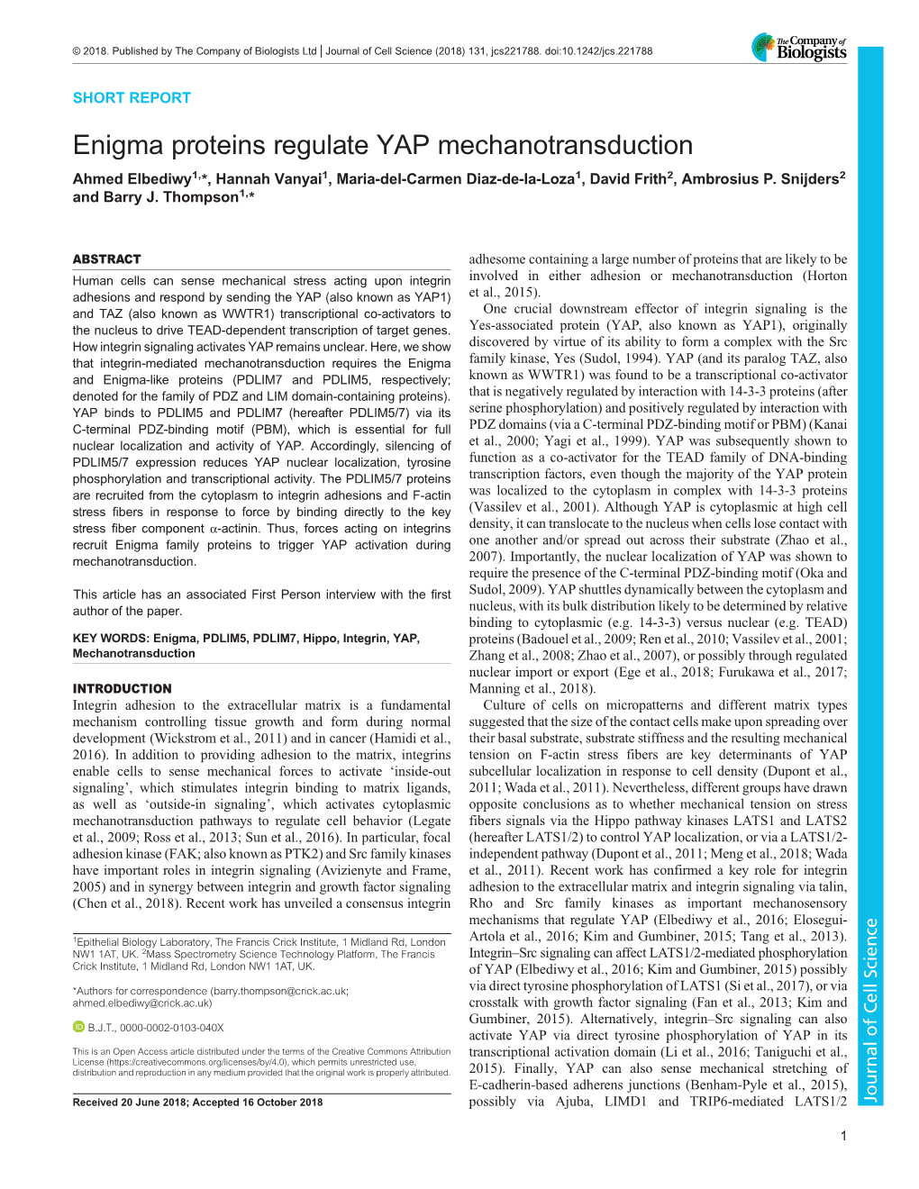 Enigma Proteins Regulate YAP Mechanotransduction Ahmed Elbediwy1,*, Hannah Vanyai1, Maria-Del-Carmen Diaz-De-La-Loza1, David Frith2, Ambrosius P