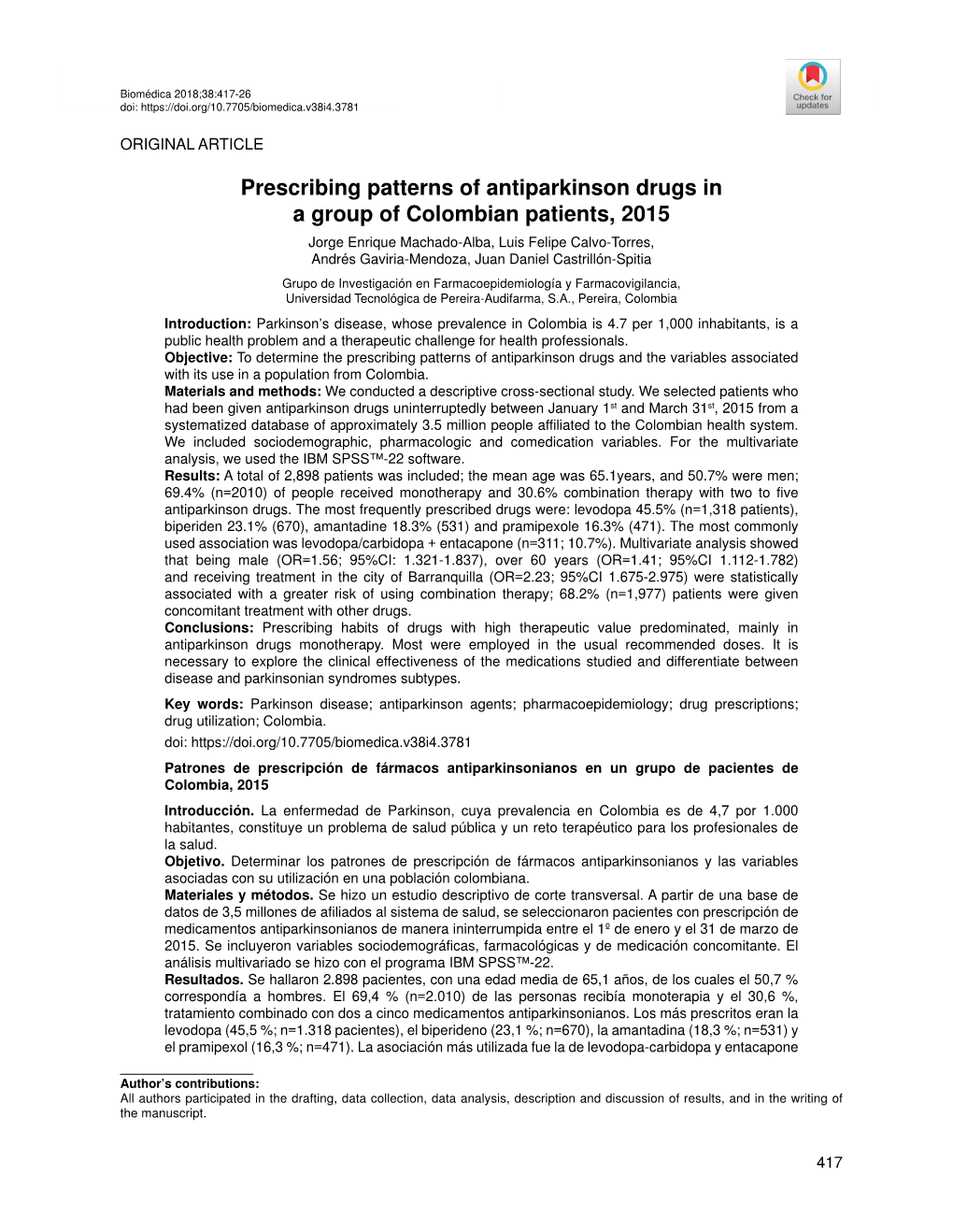 Prescribing Patterns of Antiparkinson Drugs in a Group of Colombian