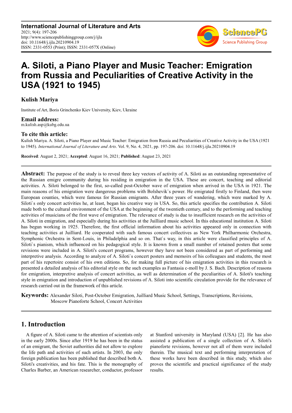 A. Siloti, a Piano Player and Music Teacher: Emigration from Russia and Peculiarities of Creative Activity in the USA (1921 to 1945)