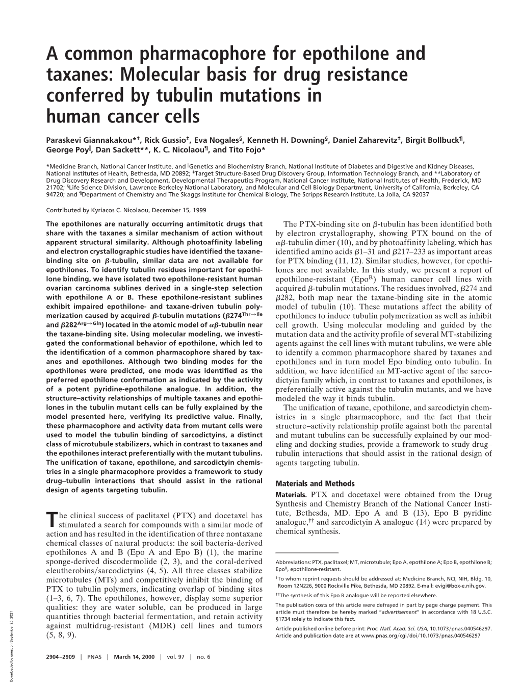 A Common Pharmacophore for Epothilone and Taxanes: Molecular Basis for Drug Resistance Conferred by Tubulin Mutations in Human Cancer Cells