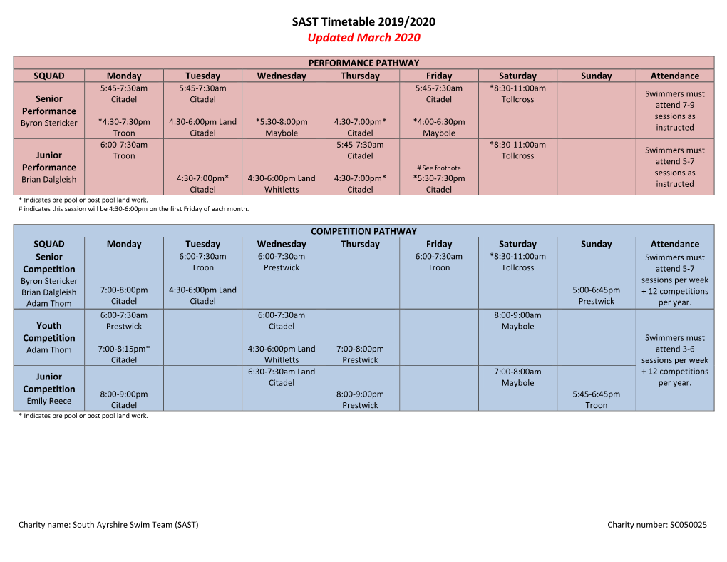 SAST Timetable 2019/2020 Updated March 2020