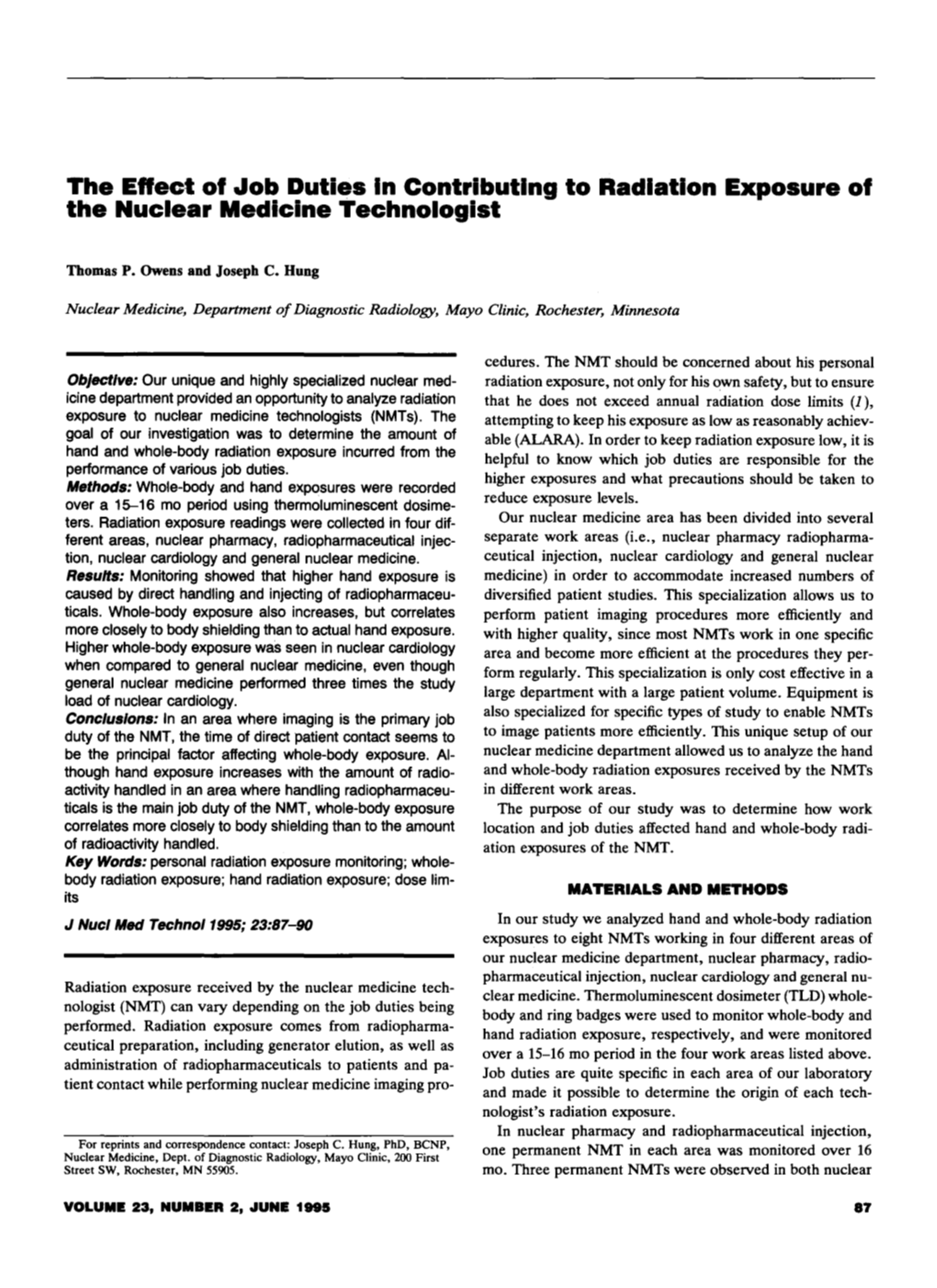 The Effect of Job Duties in Contributing to Radiation Exposure of the Nuclear Medicine Technologist