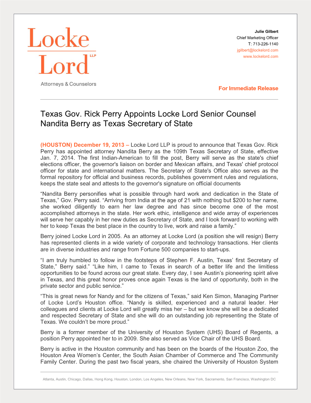 Texas Gov. Rick Perry Appoints Locke Lord Senior Counsel Nandita Berry As Texas Secretary of State