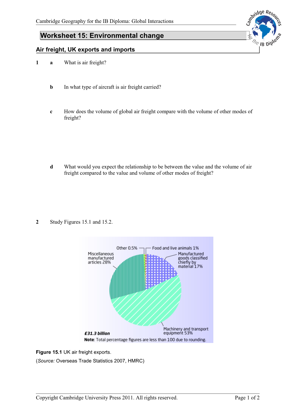 Worksheet 15: Environmental Change Air Freight, UK Exports and Imports