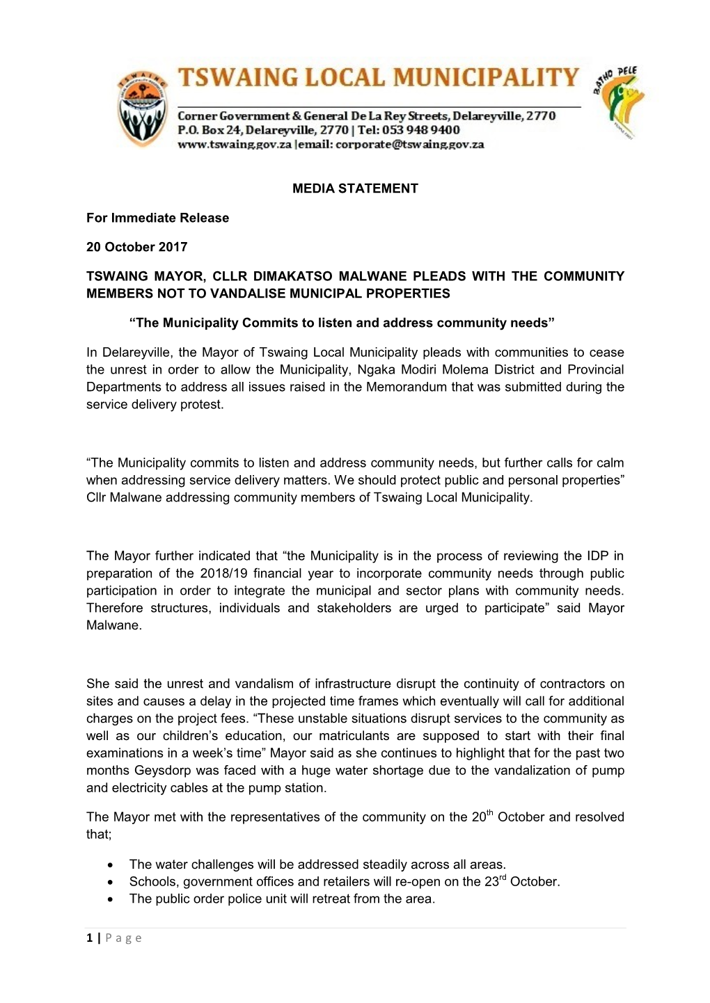 1 | Page MEDIA STATEMENT for Immediate Release 20 October