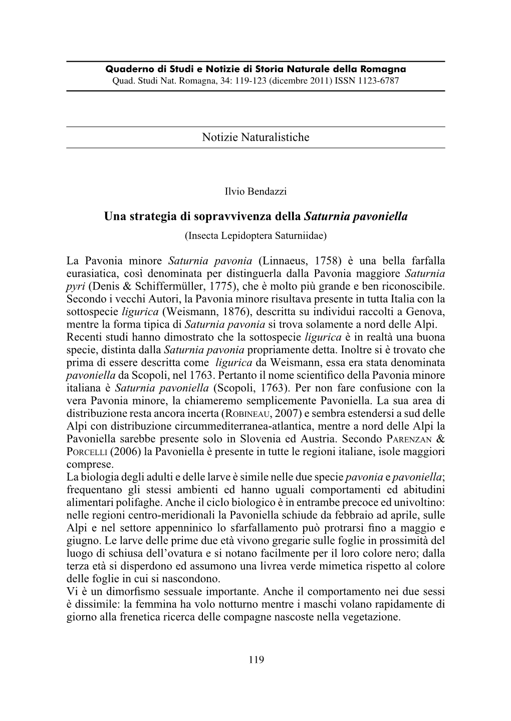 Una Strategia Di Sopravvivenza Della Saturnia Pavoniella (Insecta Lepidoptera Saturniidae)