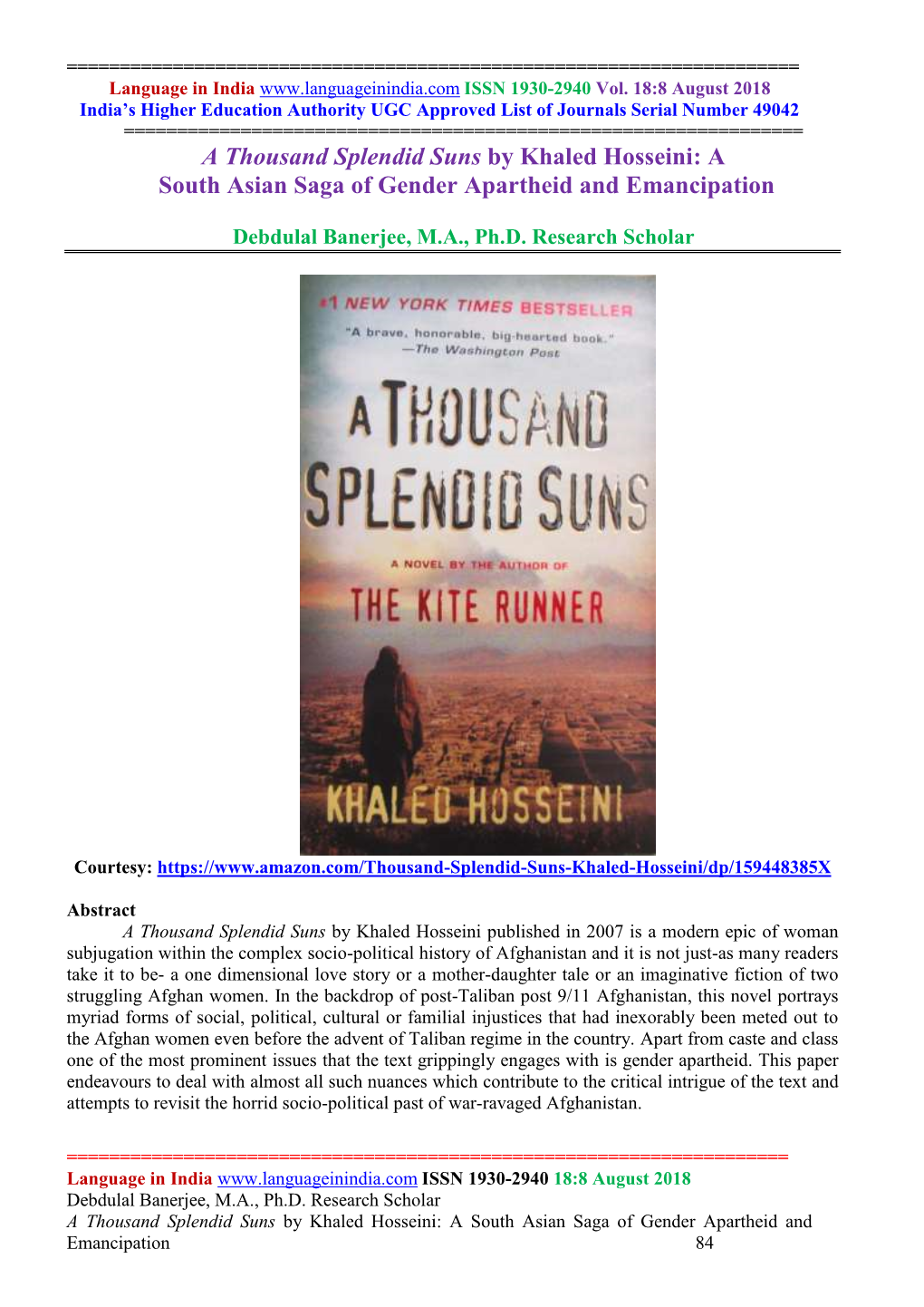 A Thousand Splendid Suns by Khaled Hosseini: a South Asian Saga of Gender Apartheid and Emancipation