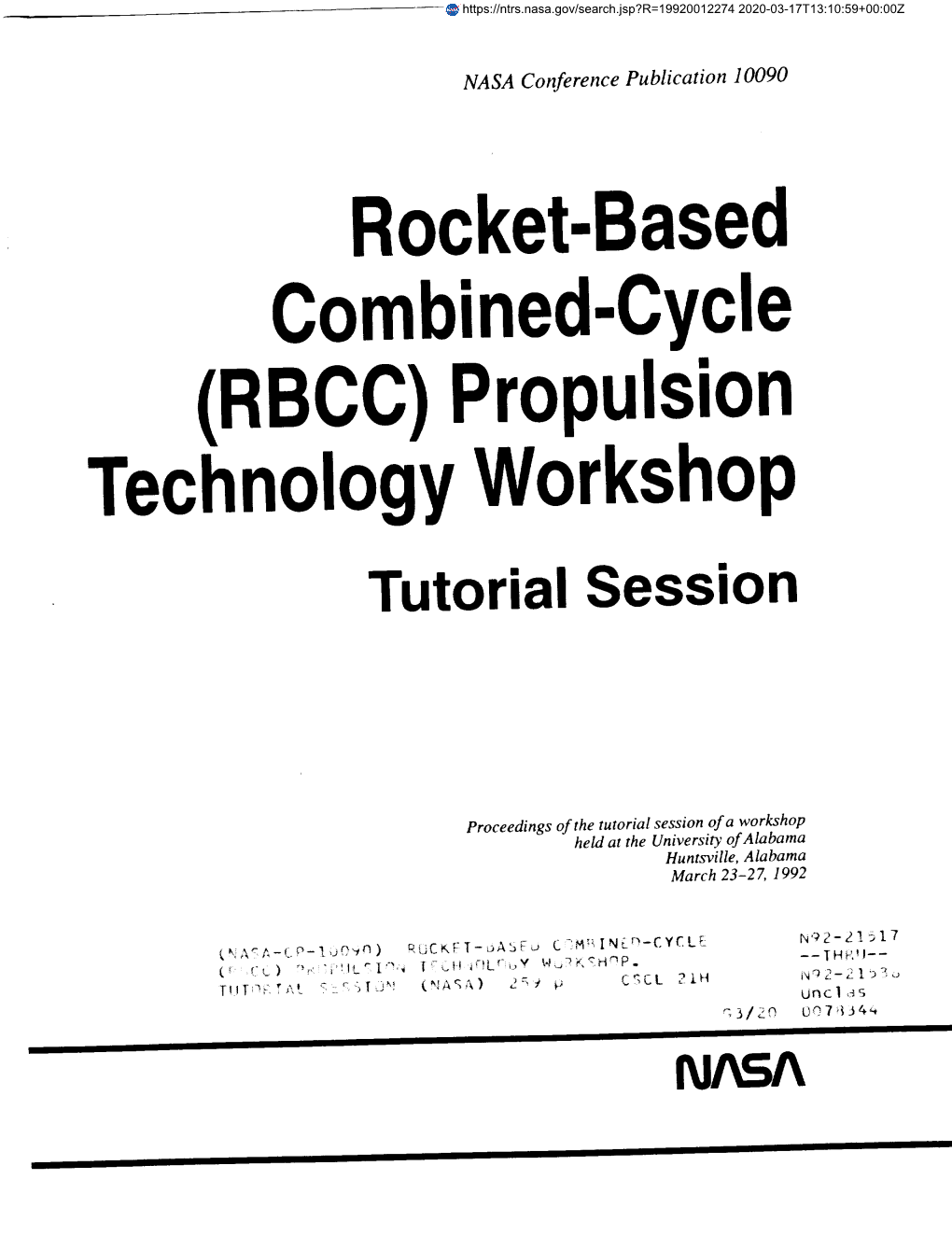 (RBCC)Propulsion Technology Workshop Tutorial Session