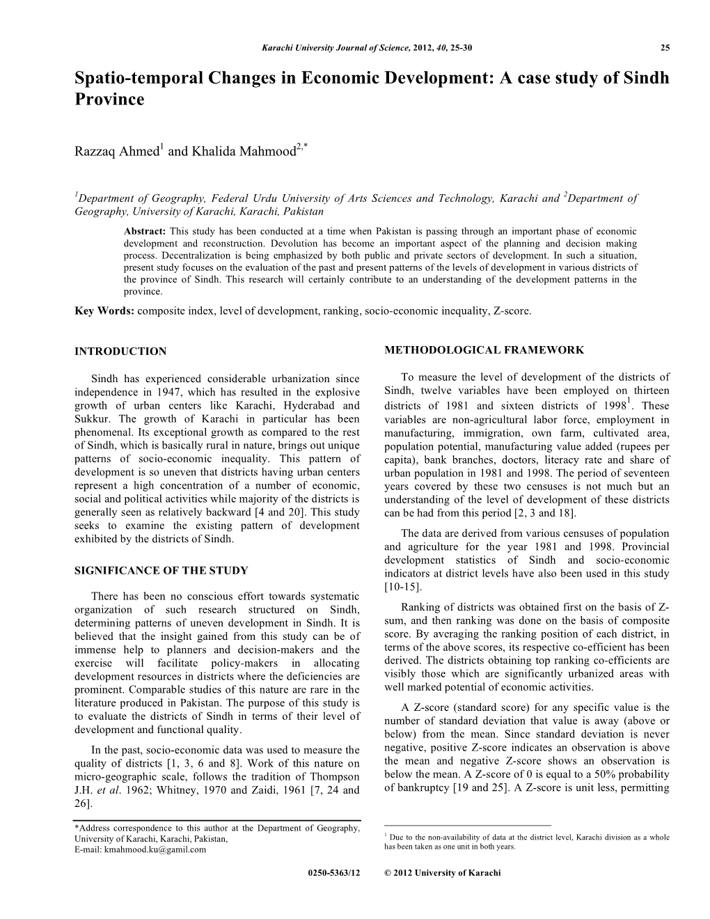 Spatio-Temporal Changes in Economic Development: a Case Study of Sindh Province