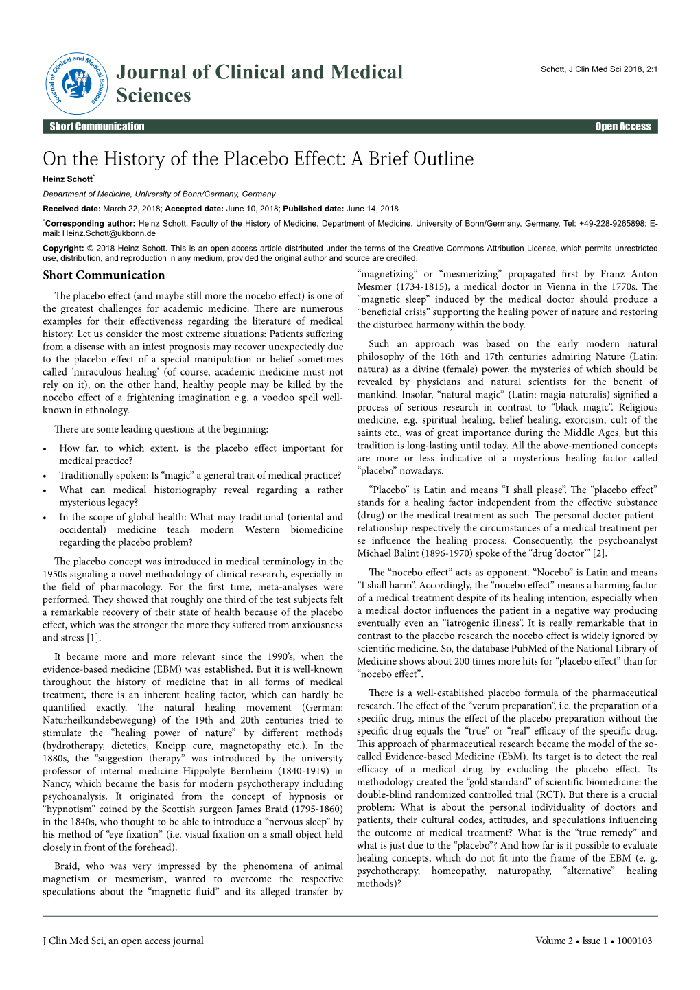 On the History of the Placebo Effect: a Brief Outline