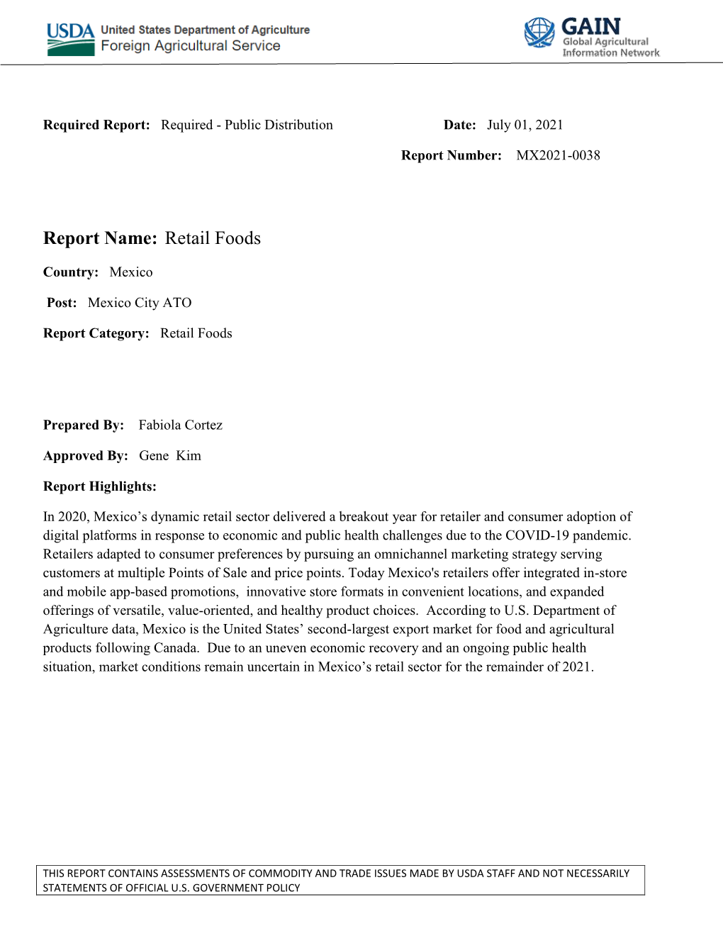 Report Name: Retail Foods