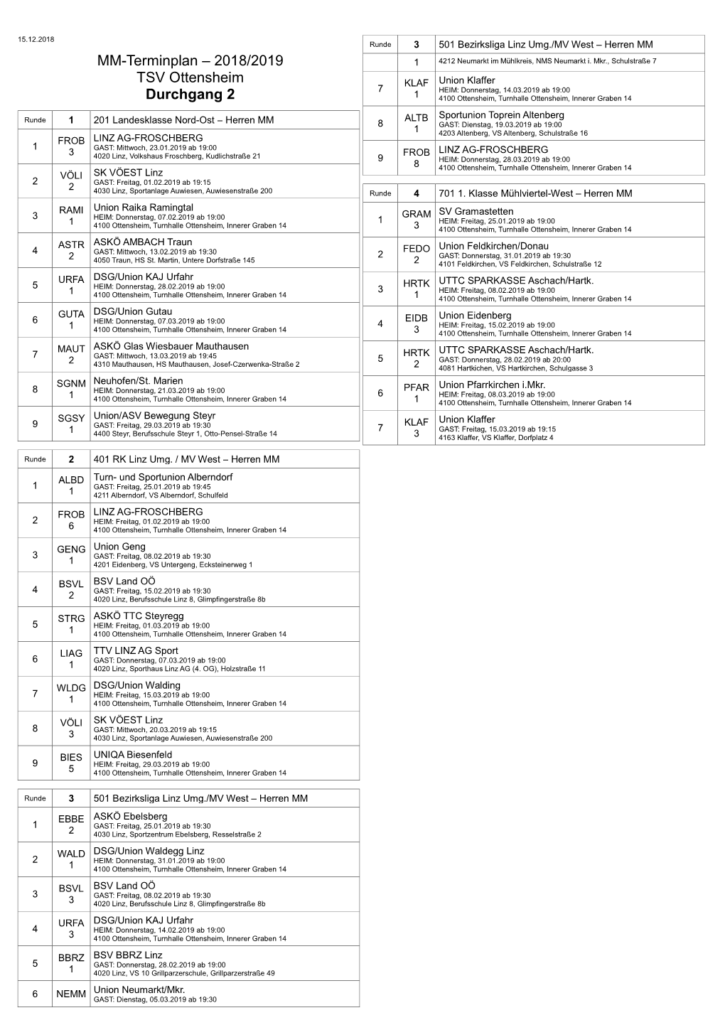 MM-Terminplan – 2018/2019 TSV Ottensheim Durchgang 2
