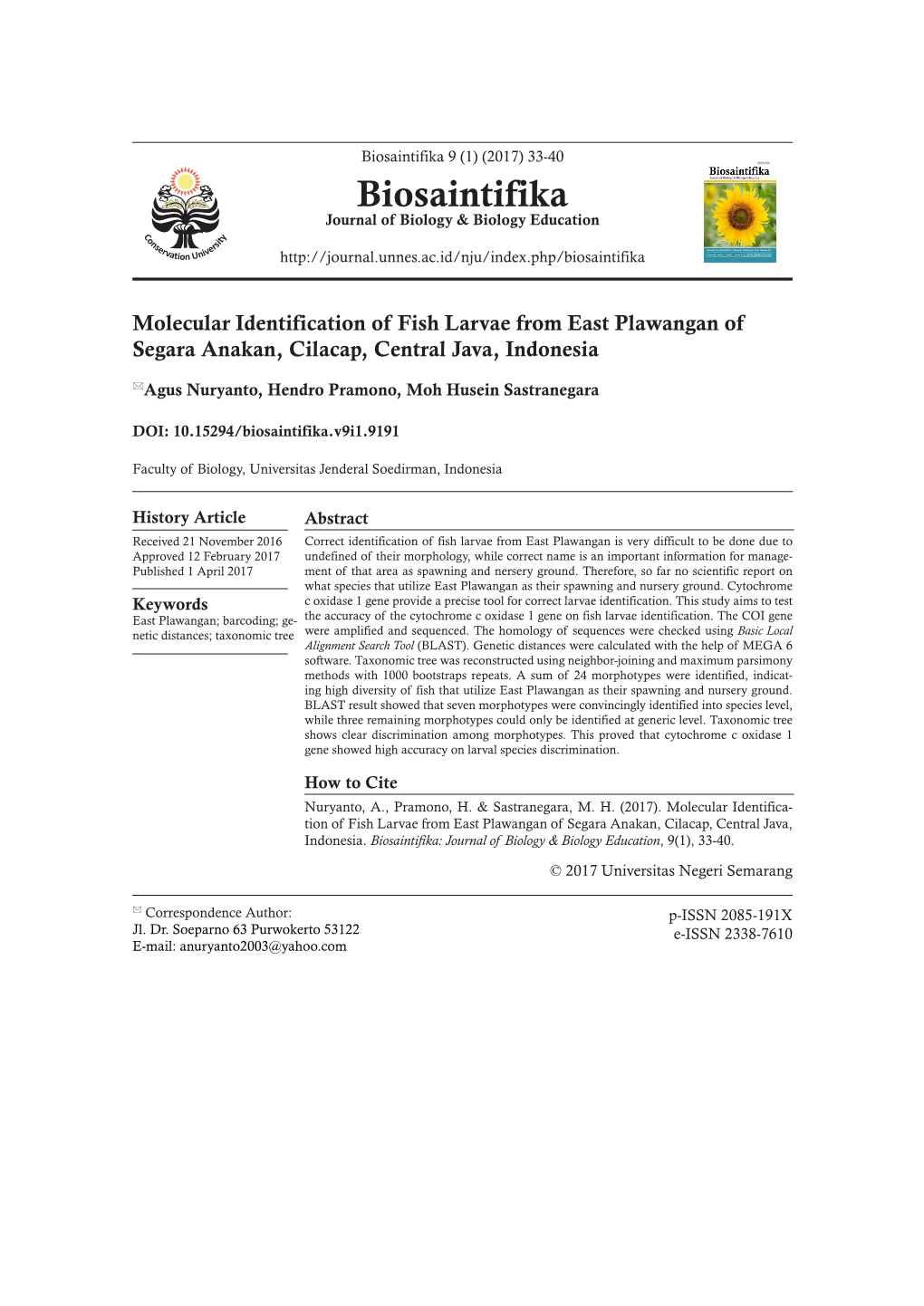 Molecular Identification of Fish Larvae from East Plawangan of Segara Anakan, Cilacap, Central Java, Indonesia