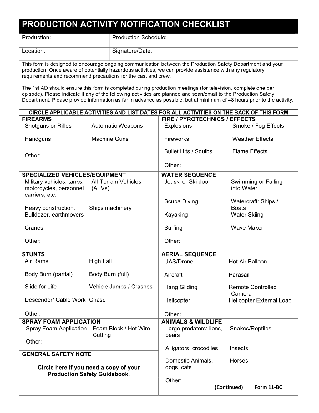 PRODUCTION ACTIVITY NOTIFICATION CHECKLIST Production: Production Schedule