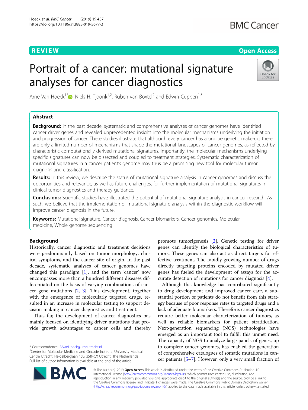 Mutational Signature Analyses for Cancer Diagnostics Arne Van Hoeck1* , Niels H