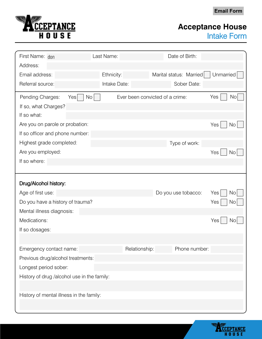 Acceptance House Intake Form