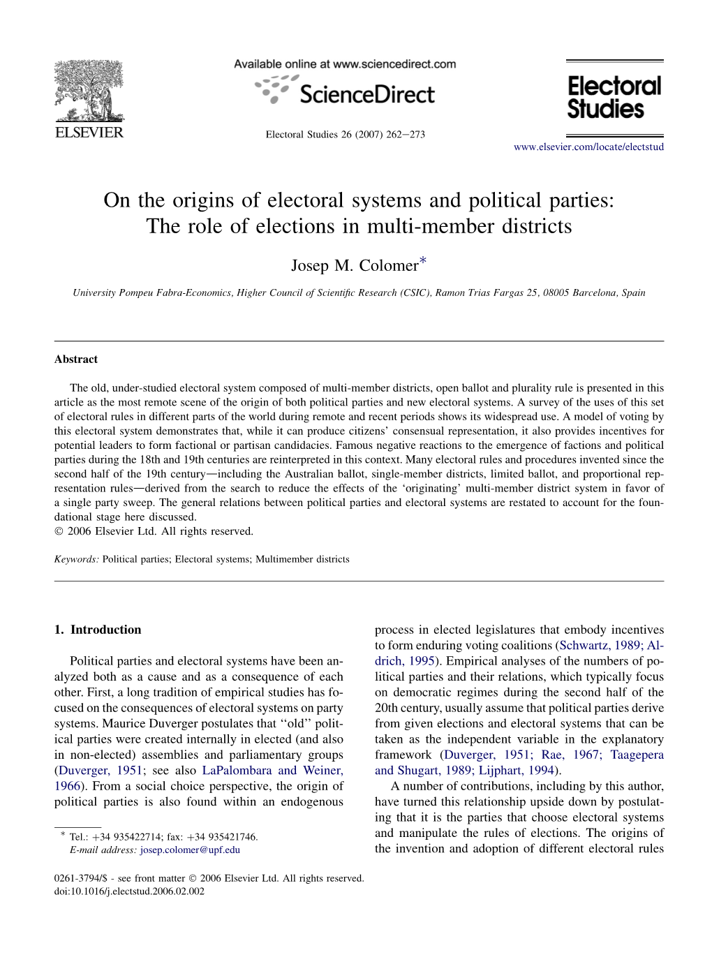 On the Origins of Electoral Systems and Political Parties: the Role of Elections in Multi-Member Districts