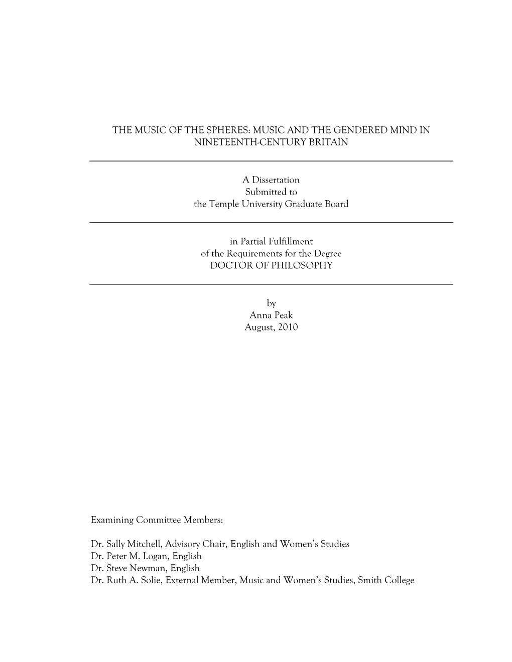 The Music of the Spheres: Music and the Gendered Mind in Nineteenth-Century Britain