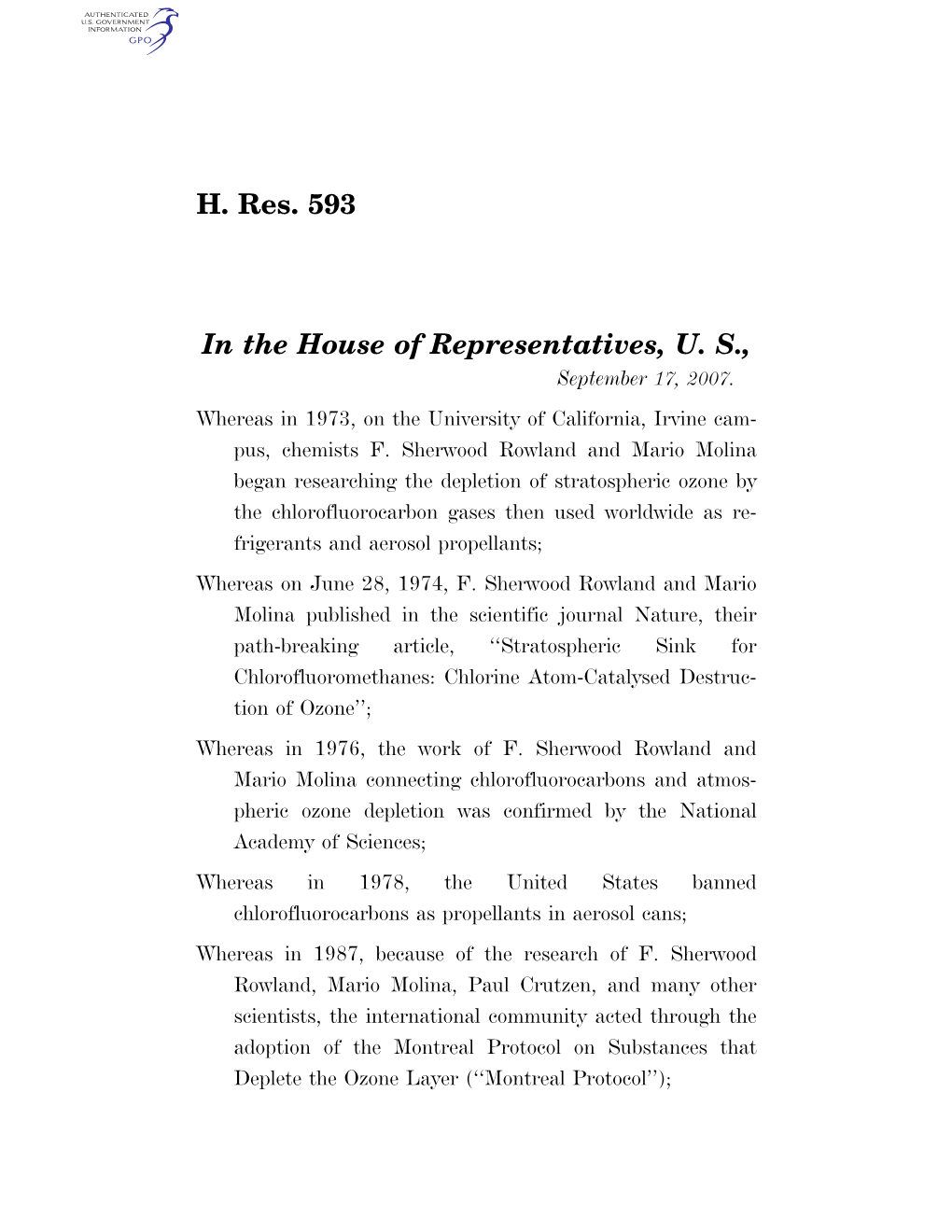 H. Res. 593 in the House of Representatives, U