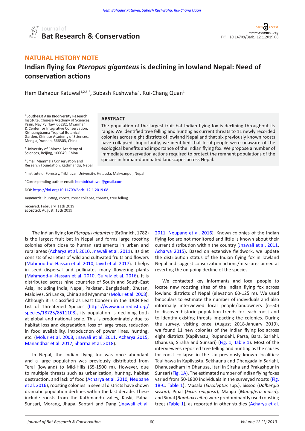 Indian Flying Fox Pteropus Giganteus Is Declining in Lowland Nepal: Need of Conservation Actions