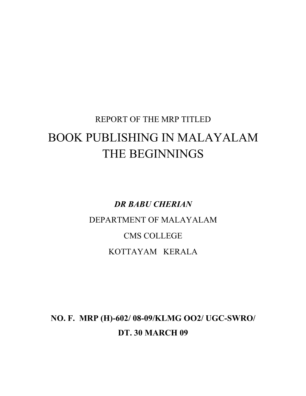 Book Publishing in Malayalam the Beginnings