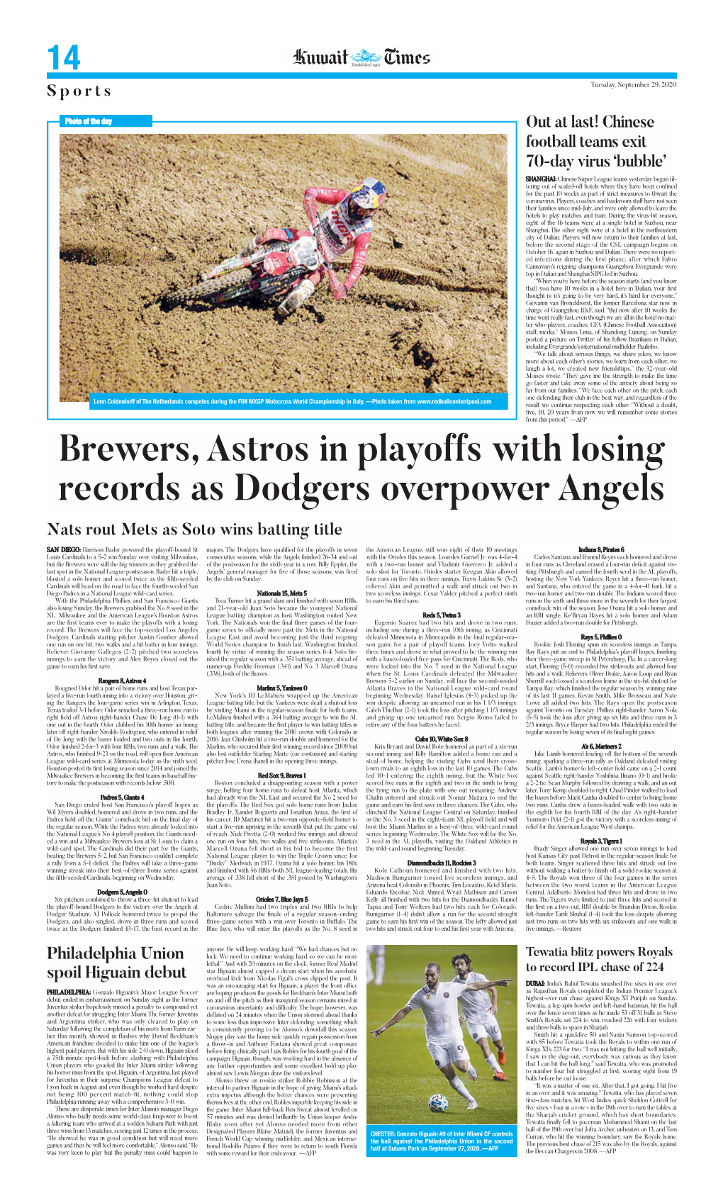 Brewers, Astros in Playoffs with Losing Records As Dodgers Overpower Angels Nats Rout Mets As Soto Wins Batting Title