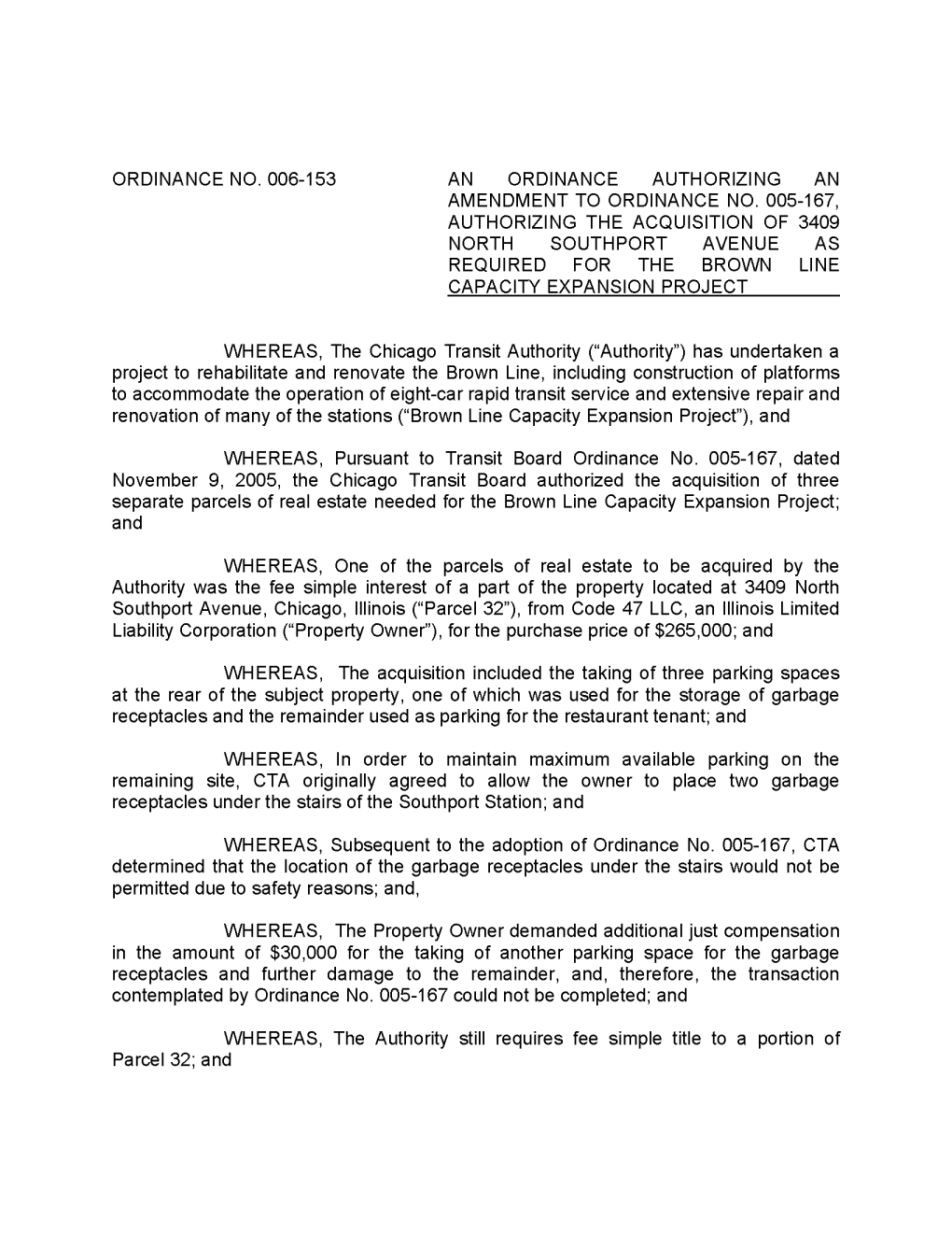 Ordinance No. 006-153 an Ordinance Authorizing an Amendment to Ordinance No