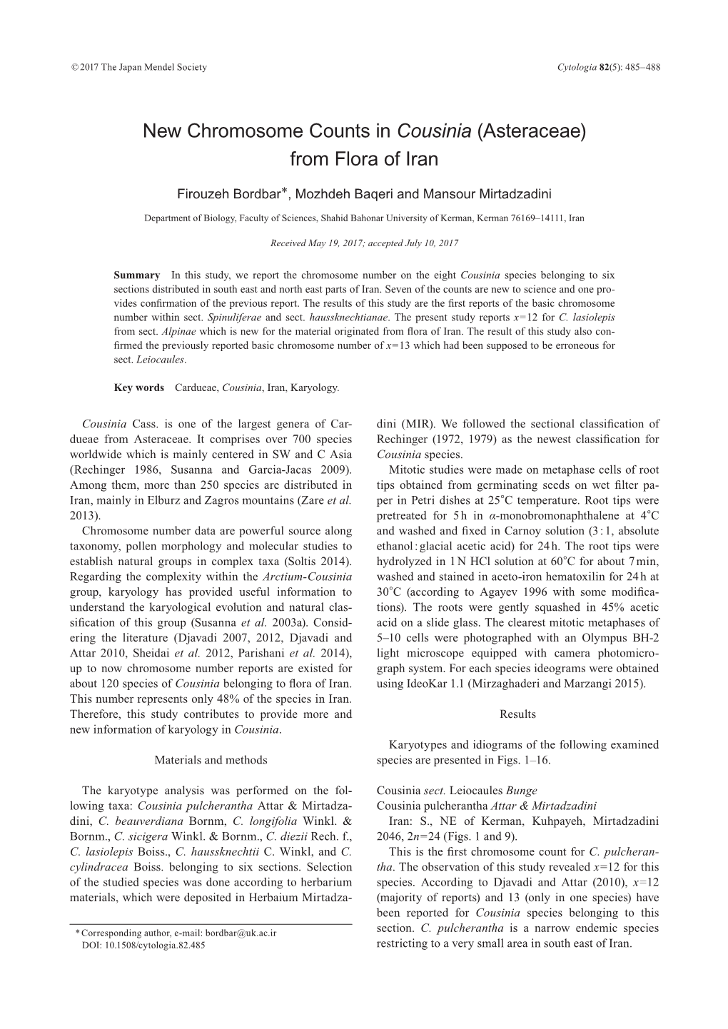 New Chromosome Counts in Cousinia (Asteraceae) from Flora of Iran