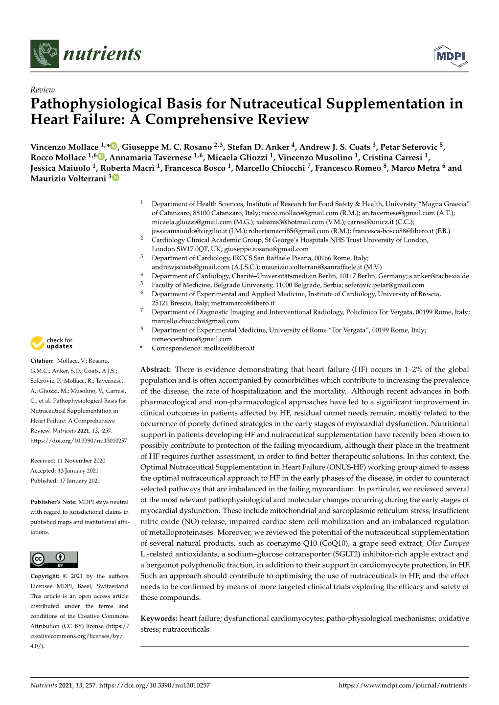 Pathophysiological Basis for Nutraceutical Supplementation in Heart Failure: a Comprehensive Review